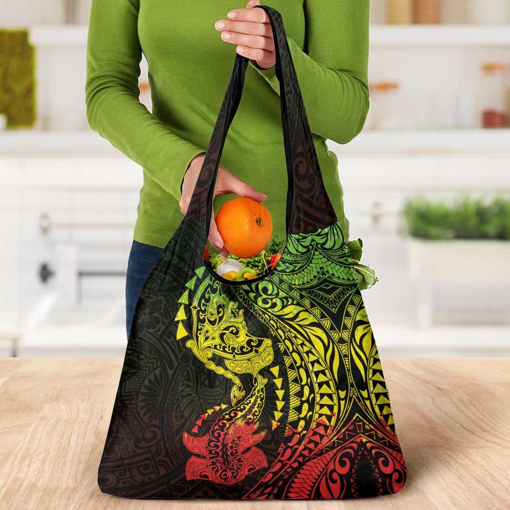 Hawaiian Manta Ray and Hammerhead Shark Tribal Tattoo Grocery Bag with Polynesian Tribal Pattern Reggae Style LT03 - Polynesian Pride