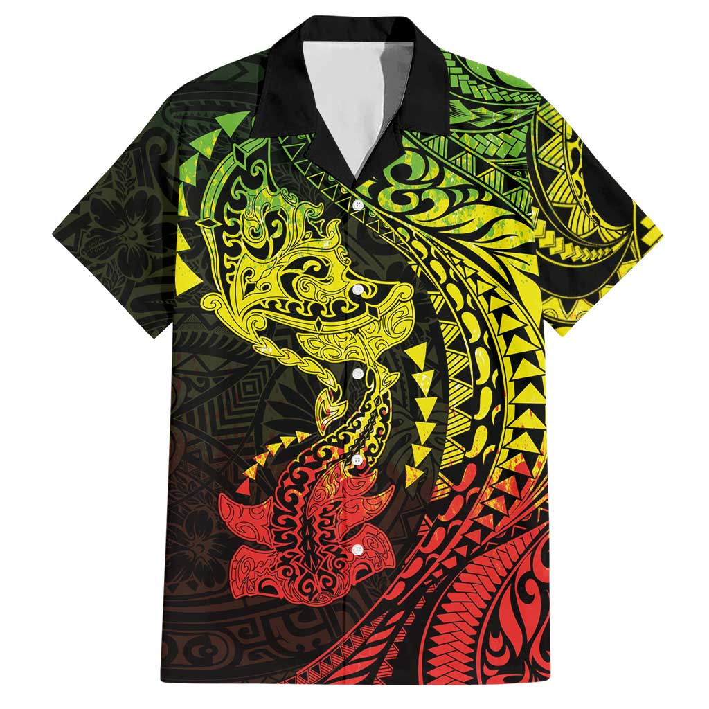 Hawaiian Manta Ray and Hammerhead Shark Tribal Tattoo Hawaiian Shirt with Polynesian Tribal Pattern Reggae Style