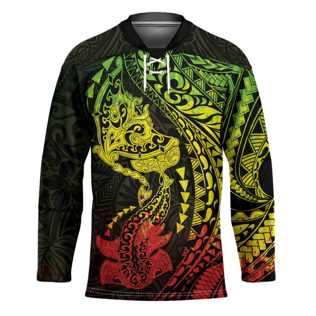 Hawaiian Manta Ray and Hammerhead Shark Tribal Tattoo Hockey Jersey with Polynesian Tribal Pattern Reggae Style LT03 Unisex Multicolor - Polynesian Pride