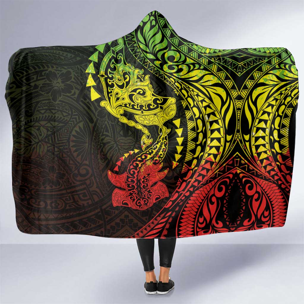 Hawaiian Manta Ray and Hammerhead Shark Tribal Tattoo Hooded Blanket with Polynesian Tribal Pattern Reggae Style