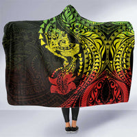 Hawaiian Manta Ray and Hammerhead Shark Tribal Tattoo Hooded Blanket with Polynesian Tribal Pattern Reggae Style
