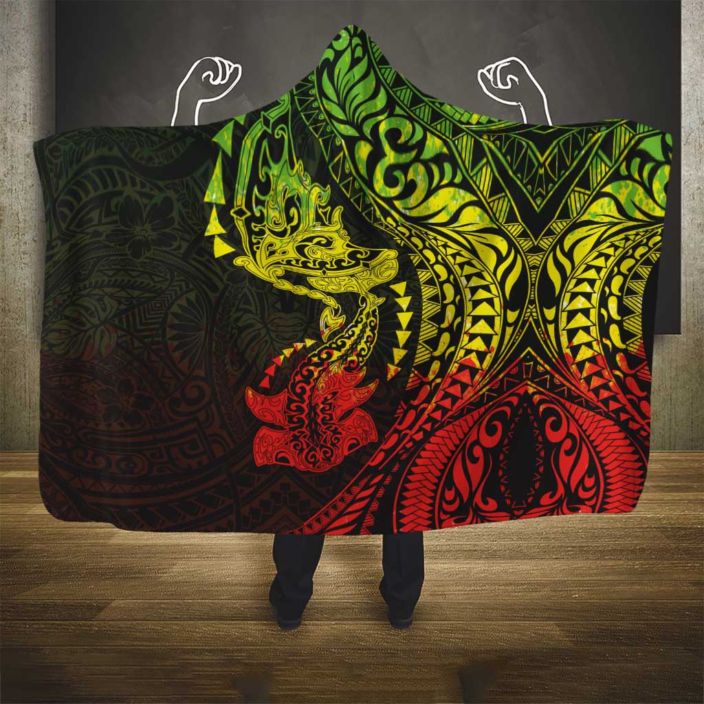 Hawaiian Manta Ray and Hammerhead Shark Tribal Tattoo Hooded Blanket with Polynesian Tribal Pattern Reggae Style