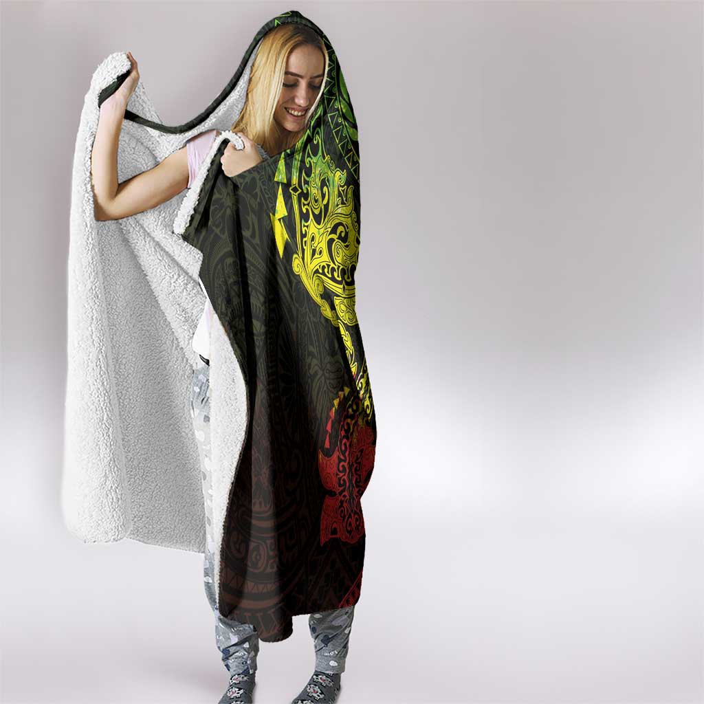 Hawaiian Manta Ray and Hammerhead Shark Tribal Tattoo Hooded Blanket with Polynesian Tribal Pattern Reggae Style