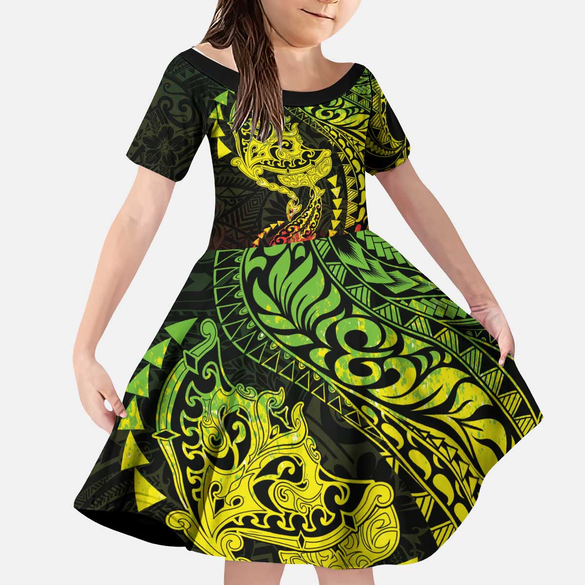 Hawaiian Manta Ray and Hammerhead Shark Tribal Tattoo Kid Short Sleeve Dress with Polynesian Tribal Pattern Reggae Style LT03 KID Multicolor - Polynesian Pride