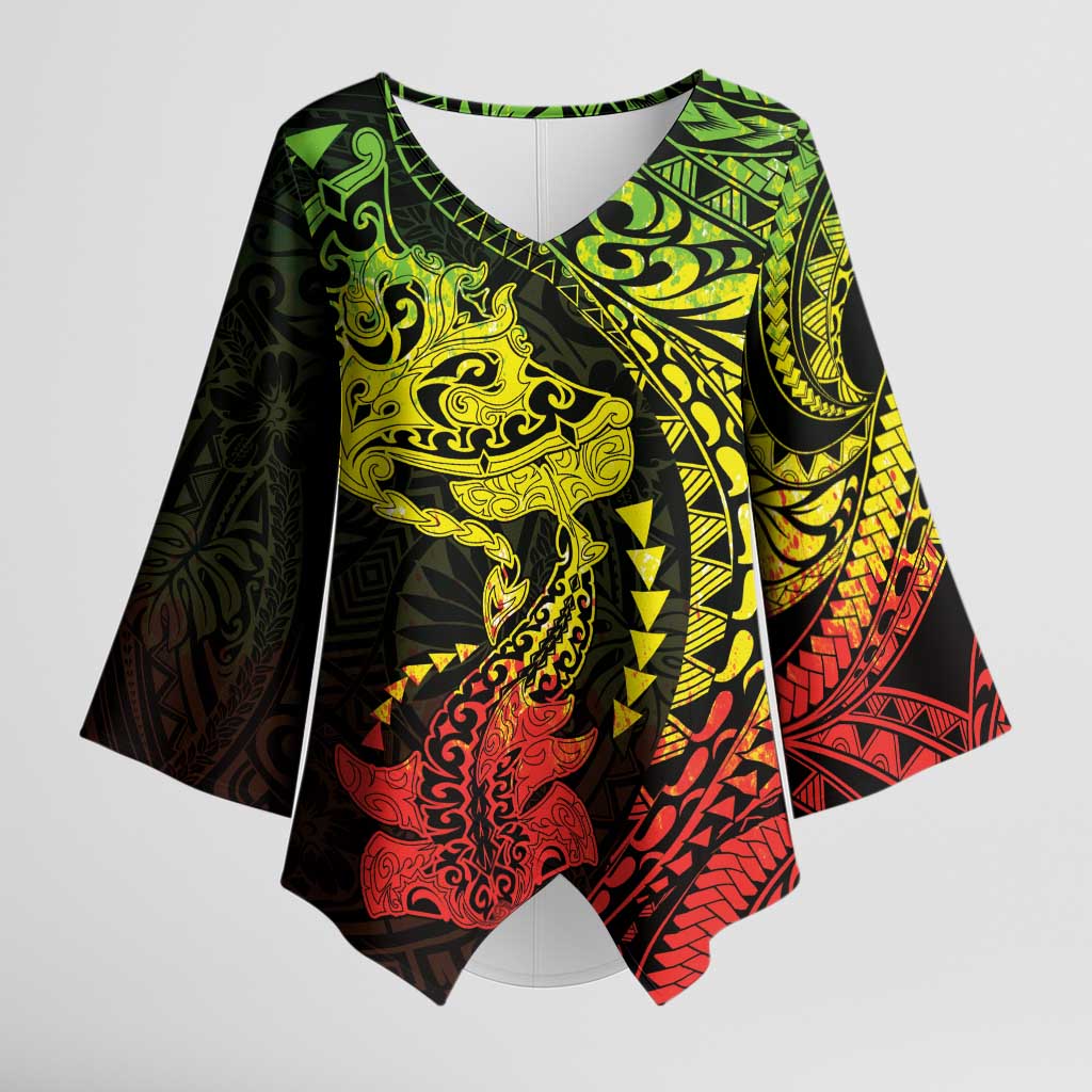 Hawaiian Manta Ray and Hammerhead Shark Tribal Tattoo Kimono Sleeve Blouse with Polynesian Tribal Pattern Reggae Style LT03 Female Multicolor - Polynesian Pride