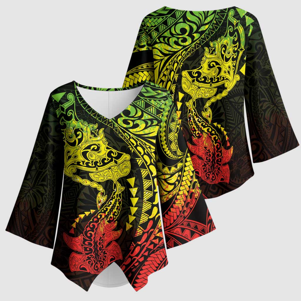 Hawaiian Manta Ray and Hammerhead Shark Tribal Tattoo Kimono Sleeve Blouse with Polynesian Tribal Pattern Reggae Style LT03 - Polynesian Pride