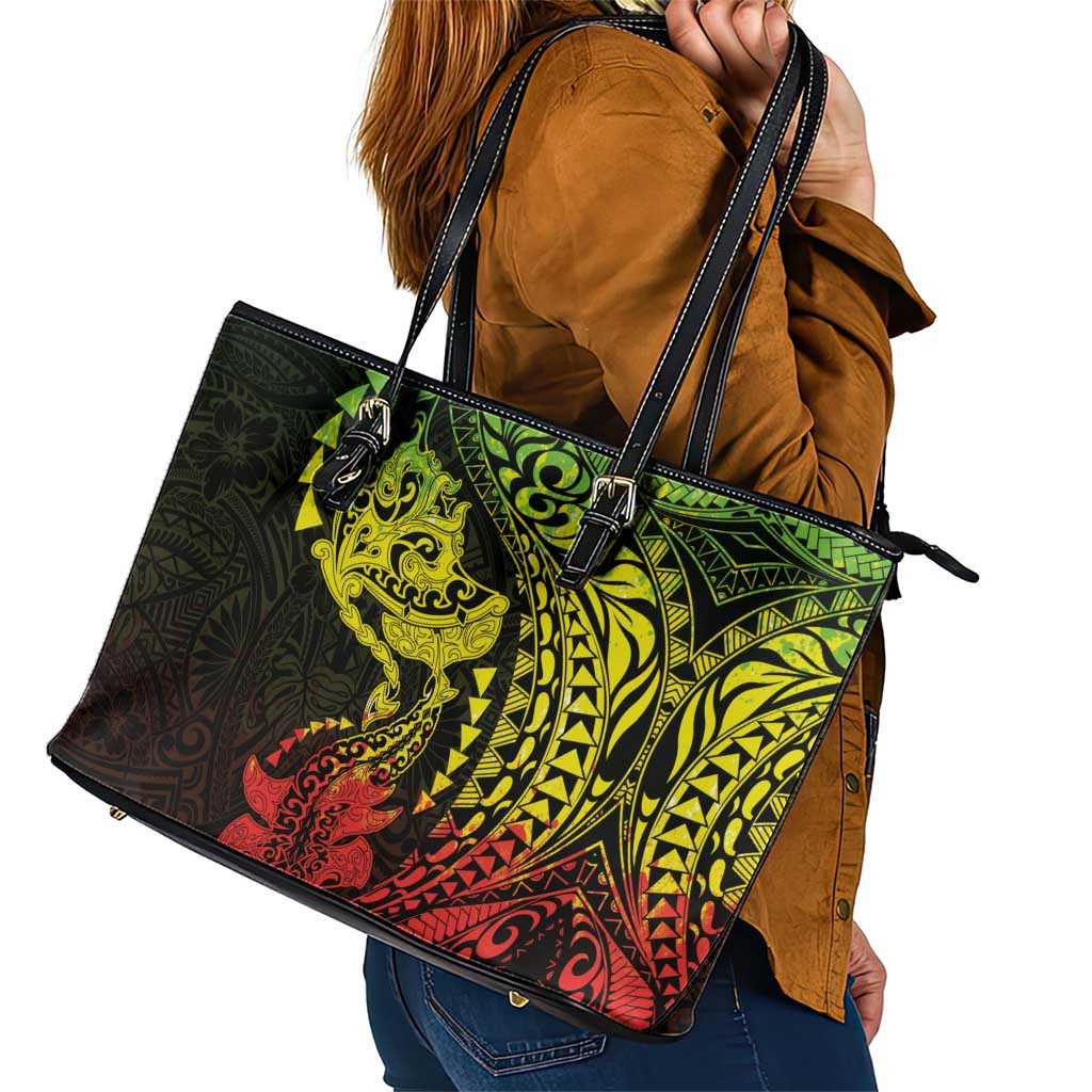 Hawaiian Manta Ray and Hammerhead Shark Tribal Tattoo Leather Tote Bag with Polynesian Tribal Pattern Reggae Style LT03 - Polynesian Pride