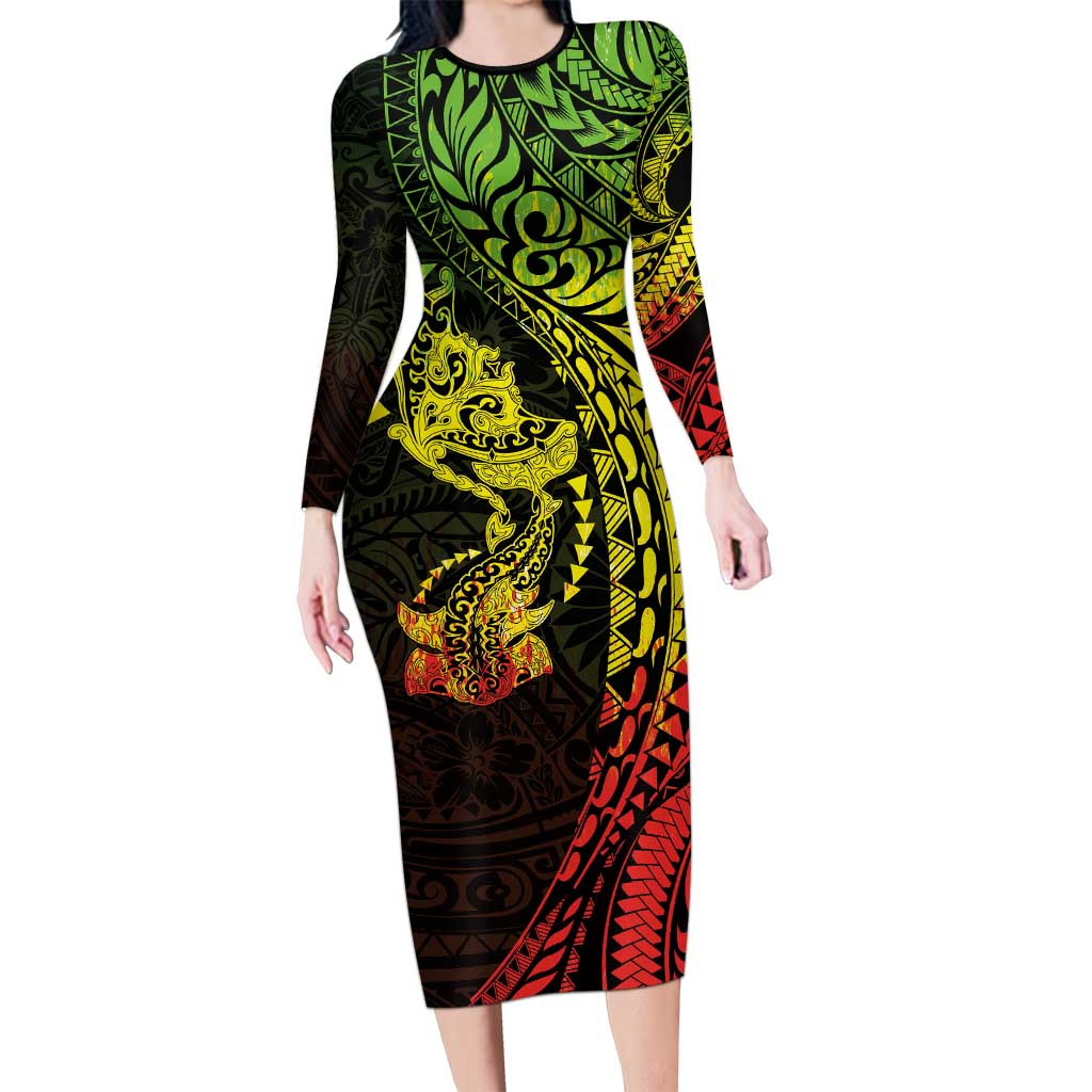 Hawaiian Manta Ray and Hammerhead Shark Tribal Tattoo Long Sleeve Bodycon Dress with Polynesian Tribal Pattern Reggae Style LT03 Long Dress Multicolor - Polynesian Pride