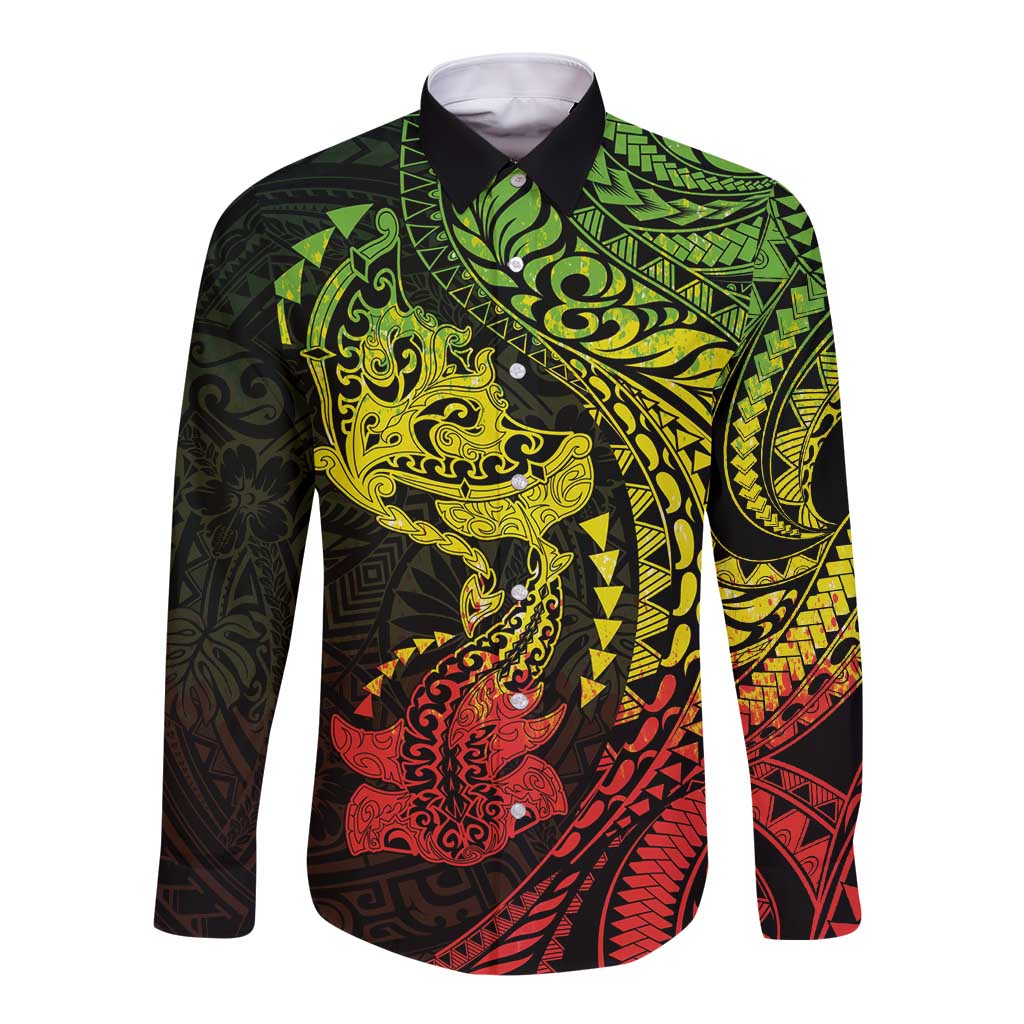 Hawaiian Manta Ray and Hammerhead Shark Tribal Tattoo Long Sleeve Button Shirt with Polynesian Tribal Pattern Reggae Style