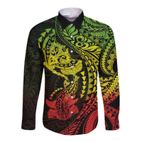Hawaiian Manta Ray and Hammerhead Shark Tribal Tattoo Long Sleeve Button Shirt with Polynesian Tribal Pattern Reggae Style