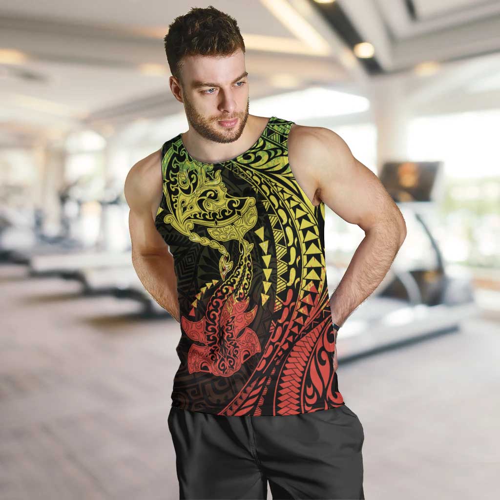Hawaiian Manta Ray and Hammerhead Shark Tribal Tattoo Men Tank Top with Polynesian Tribal Pattern Reggae Style