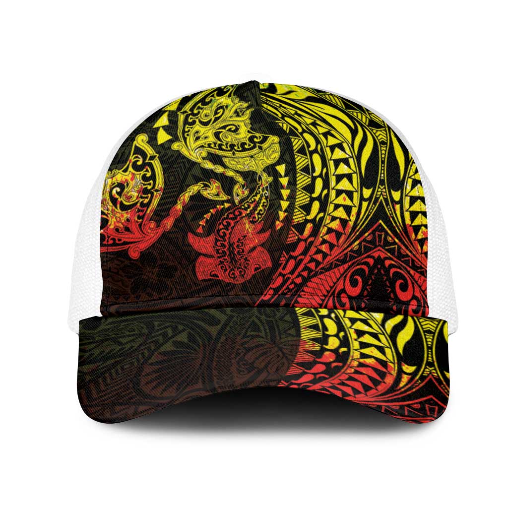 Hawaiian Manta Ray and Hammerhead Shark Tribal Tattoo Mesh Trucker Cap with Polynesian Tribal Pattern Reggae Style LT03 One Size White Multicolor - Polynesian Pride