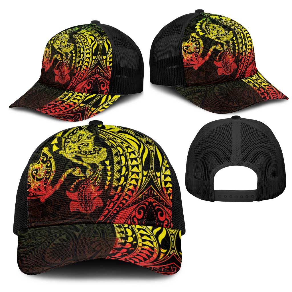 Hawaiian Manta Ray and Hammerhead Shark Tribal Tattoo Mesh Trucker Cap with Polynesian Tribal Pattern Reggae Style LT03 - Polynesian Pride