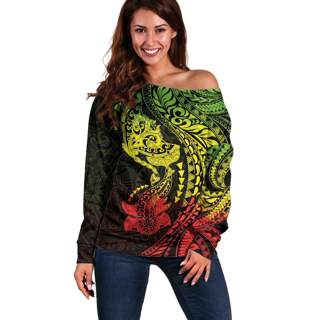 Hawaiian Manta Ray and Hammerhead Shark Tribal Tattoo Off Shoulder Sweater with Polynesian Tribal Pattern Reggae Style LT03 Women Multicolor - Polynesian Pride