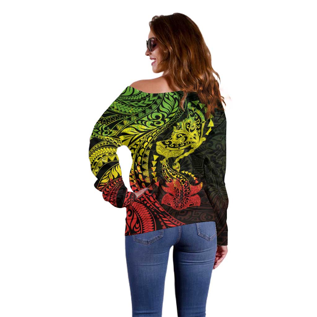 Hawaiian Manta Ray and Hammerhead Shark Tribal Tattoo Off Shoulder Sweater with Polynesian Tribal Pattern Reggae Style