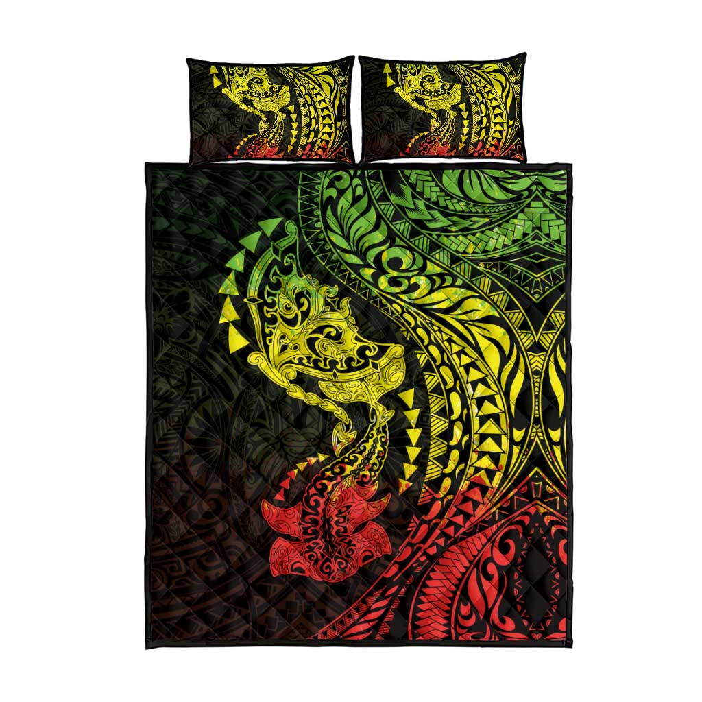 Hawaiian Manta Ray and Hammerhead Shark Tribal Tattoo Quilt Bed Set with Polynesian Tribal Pattern Reggae Style LT03 - Polynesian Pride