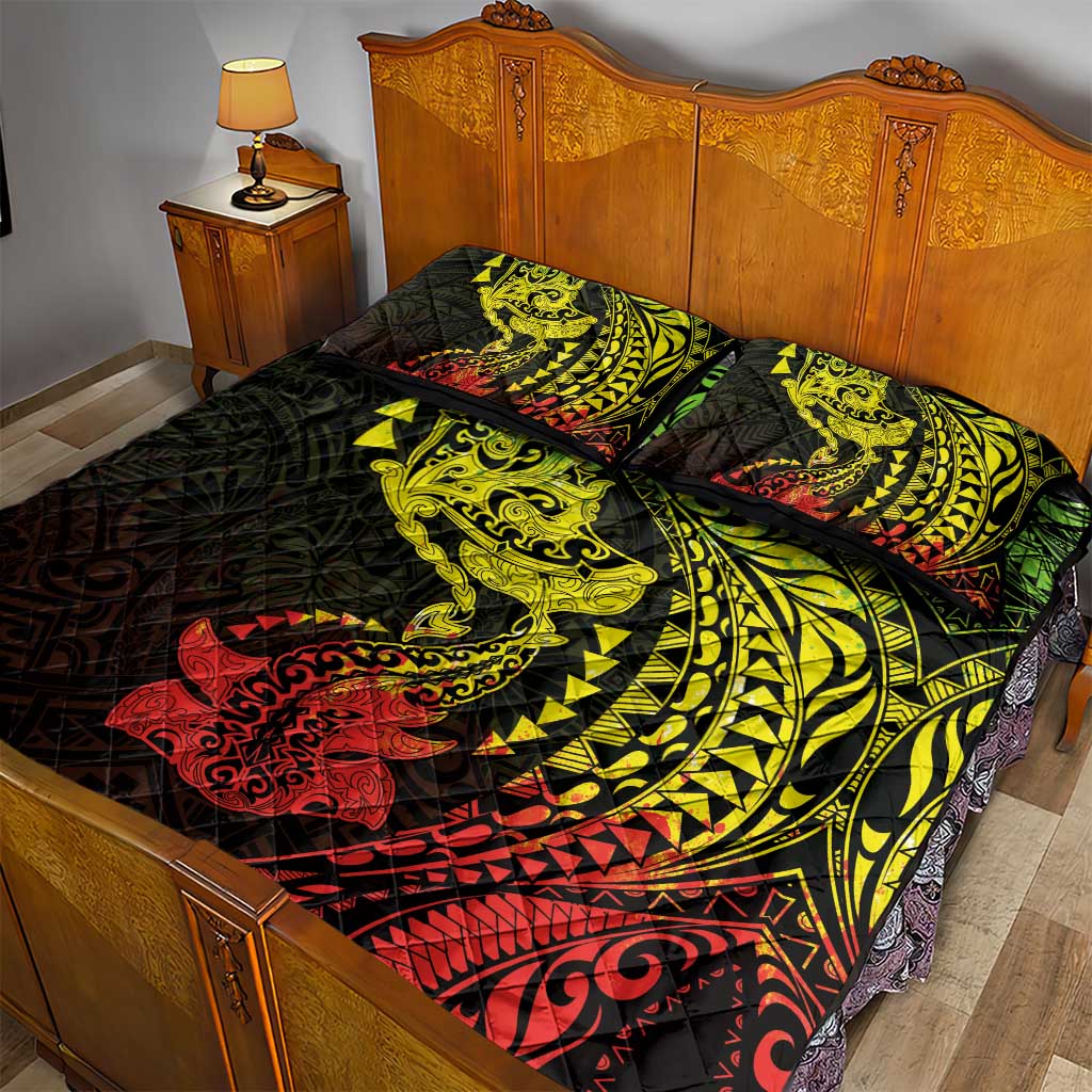Hawaiian Manta Ray and Hammerhead Shark Tribal Tattoo Quilt Bed Set with Polynesian Tribal Pattern Reggae Style LT03 - Polynesian Pride