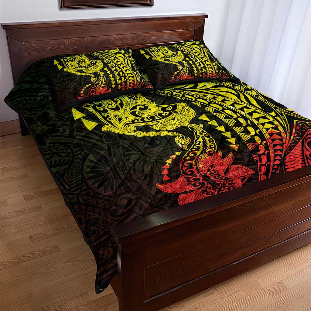 Hawaiian Manta Ray and Hammerhead Shark Tribal Tattoo Quilt Bed Set with Polynesian Tribal Pattern Reggae Style LT03 - Polynesian Pride