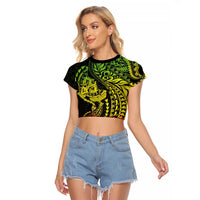 Hawaiian Manta Ray and Hammerhead Shark Tribal Tattoo Raglan Cropped T Shirt with Polynesian Tribal Pattern Reggae Style LT03 Female Multicolor - Polynesian Pride