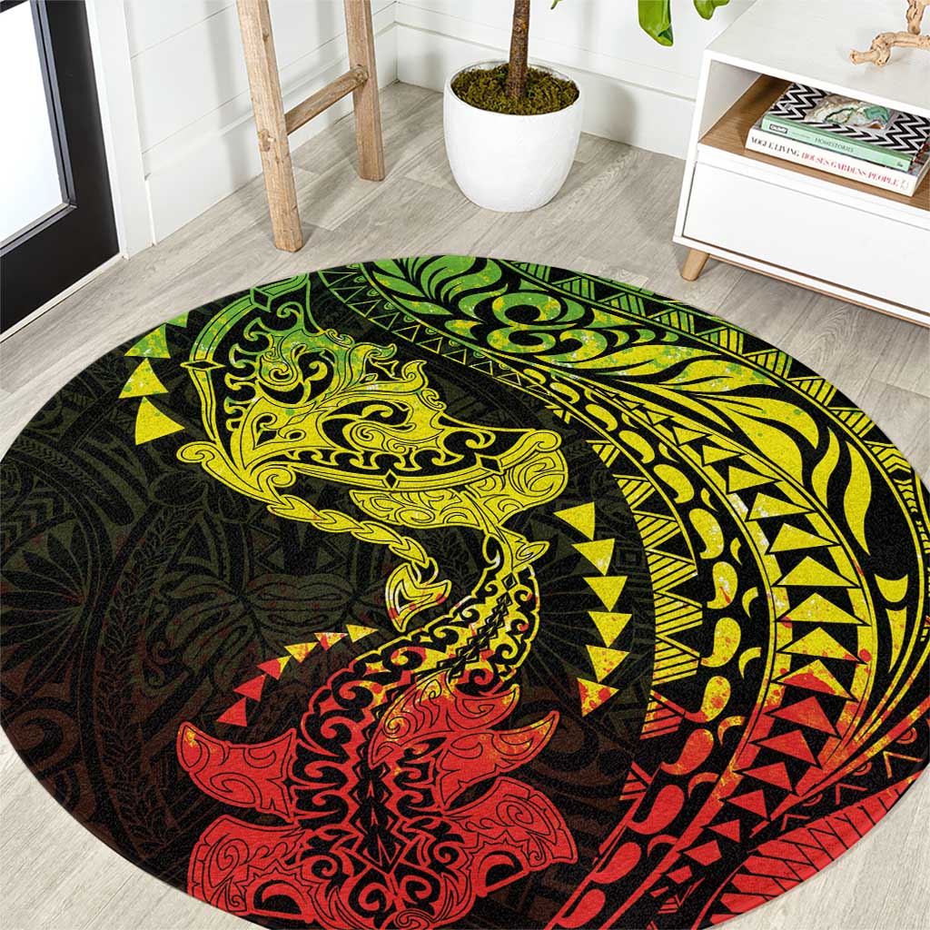 Hawaiian Manta Ray and Hammerhead Shark Tribal Tattoo Round Carpet with Polynesian Tribal Pattern Reggae Style LT03 Multicolor - Polynesian Pride