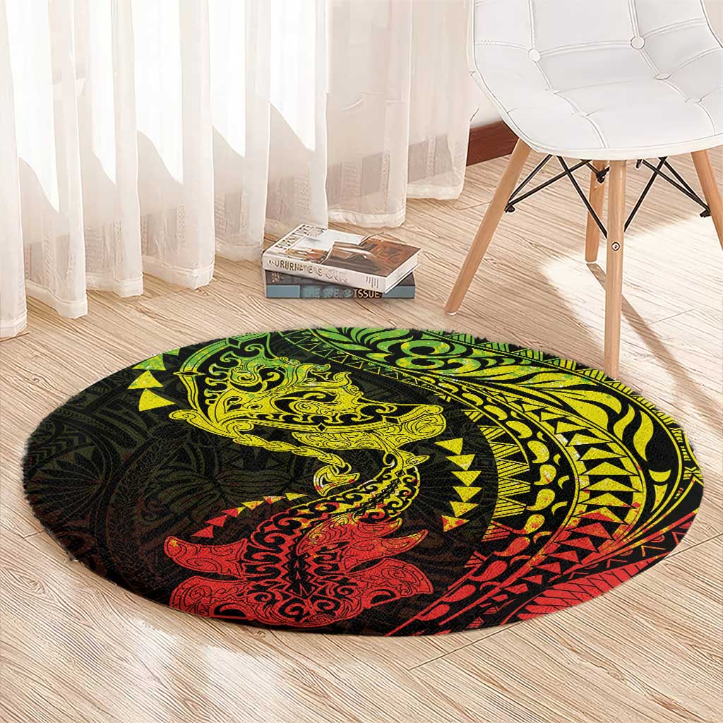 Hawaiian Manta Ray and Hammerhead Shark Tribal Tattoo Round Carpet with Polynesian Tribal Pattern Reggae Style LT03 - Polynesian Pride