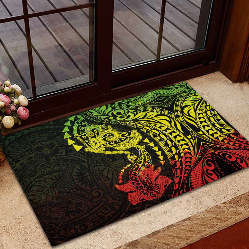 Hawaiian Manta Ray and Hammerhead Shark Tribal Tattoo Rubber Doormat with Polynesian Tribal Pattern Reggae Style LT03 - Polynesian Pride