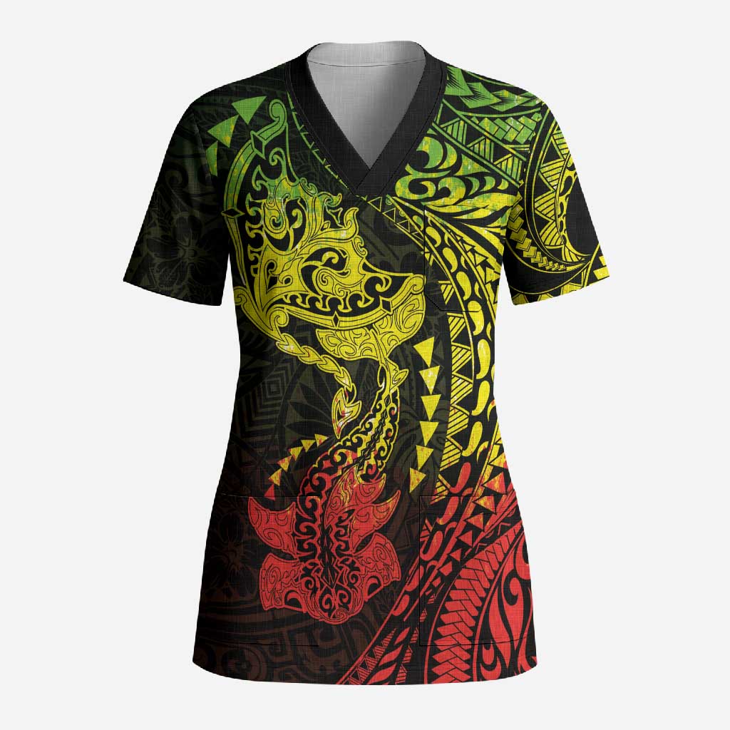Hawaiian Manta Ray and Hammerhead Shark Tribal Tattoo Scrub Top with Polynesian Tribal Pattern Reggae Style LT03 Adult Multicolor - Polynesian Pride