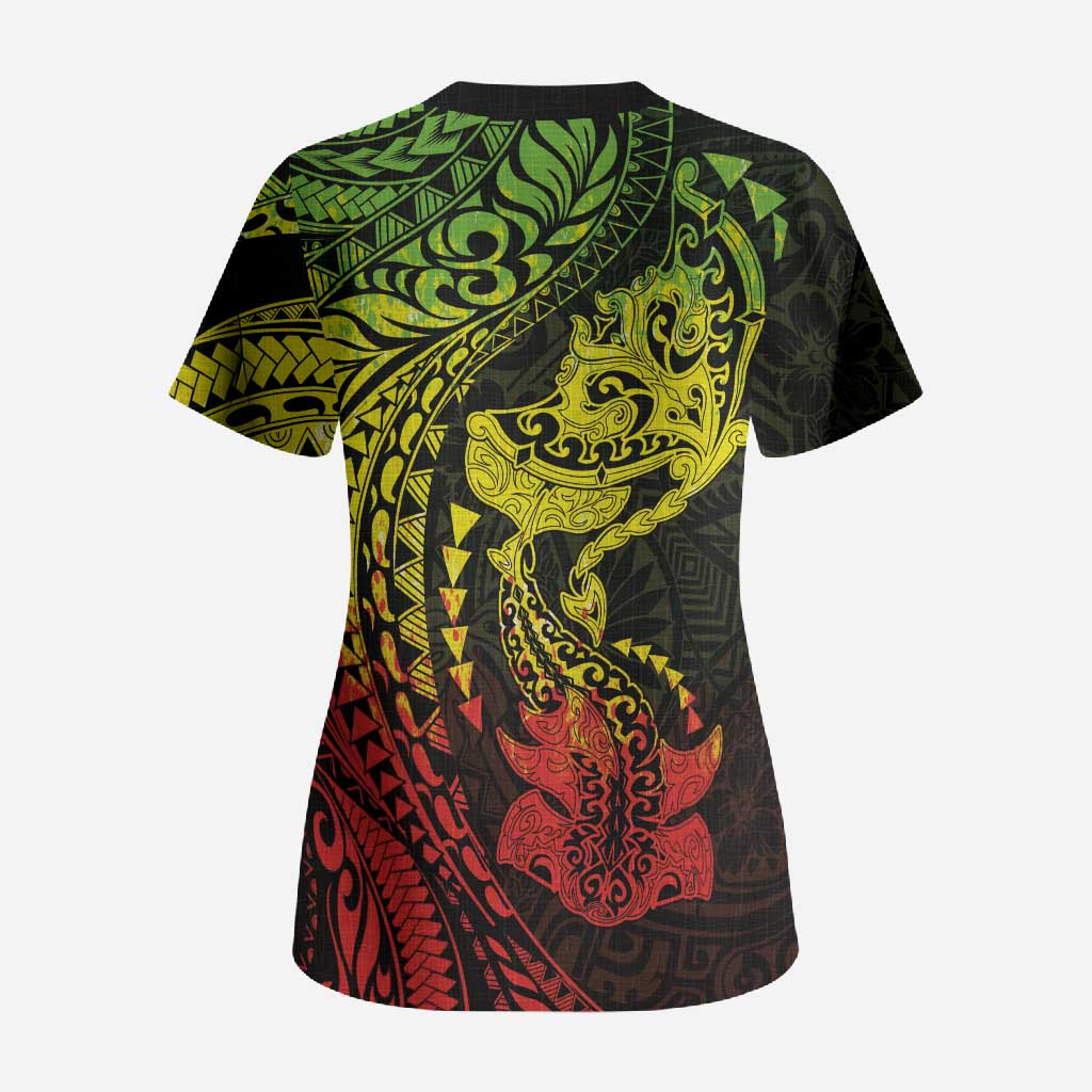 Hawaiian Manta Ray and Hammerhead Shark Tribal Tattoo Scrub Top with Polynesian Tribal Pattern Reggae Style LT03 - Polynesian Pride