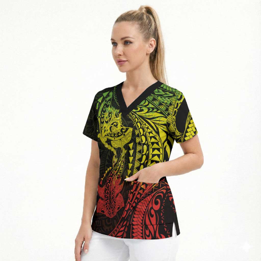 Hawaiian Manta Ray and Hammerhead Shark Tribal Tattoo Scrub Top with Polynesian Tribal Pattern Reggae Style LT03 - Polynesian Pride