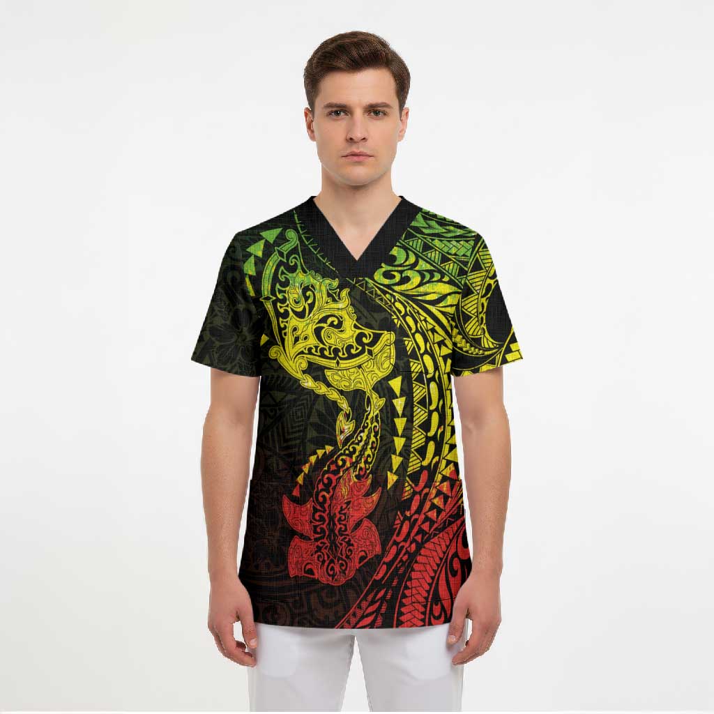 Hawaiian Manta Ray and Hammerhead Shark Tribal Tattoo Scrub Top with Polynesian Tribal Pattern Reggae Style LT03 - Polynesian Pride