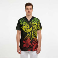 Hawaiian Manta Ray and Hammerhead Shark Tribal Tattoo Scrub Top with Polynesian Tribal Pattern Reggae Style LT03 - Polynesian Pride