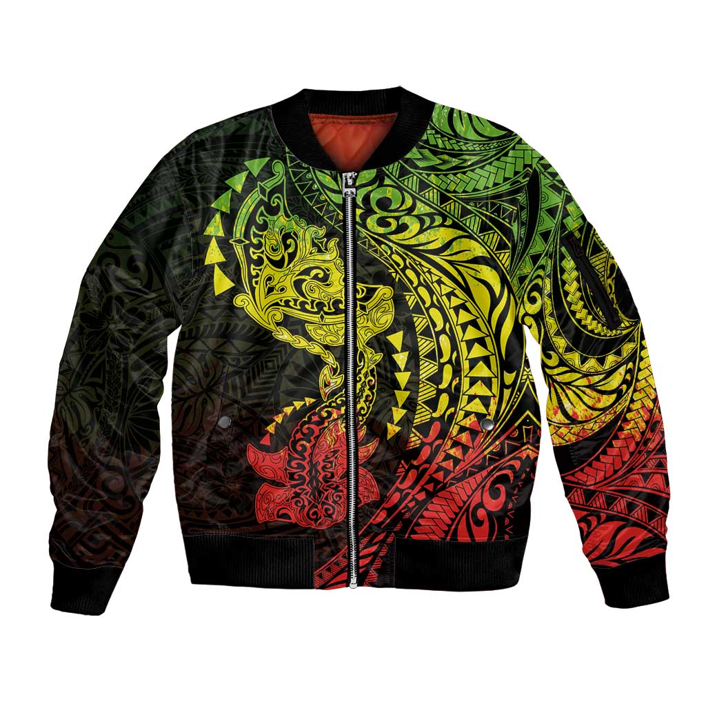 Hawaiian Manta Ray and Hammerhead Shark Tribal Tattoo Sleeve Zip Bomber Jacket with Polynesian Tribal Pattern Reggae Style LT03 Unisex Multicolor - Polynesian Pride