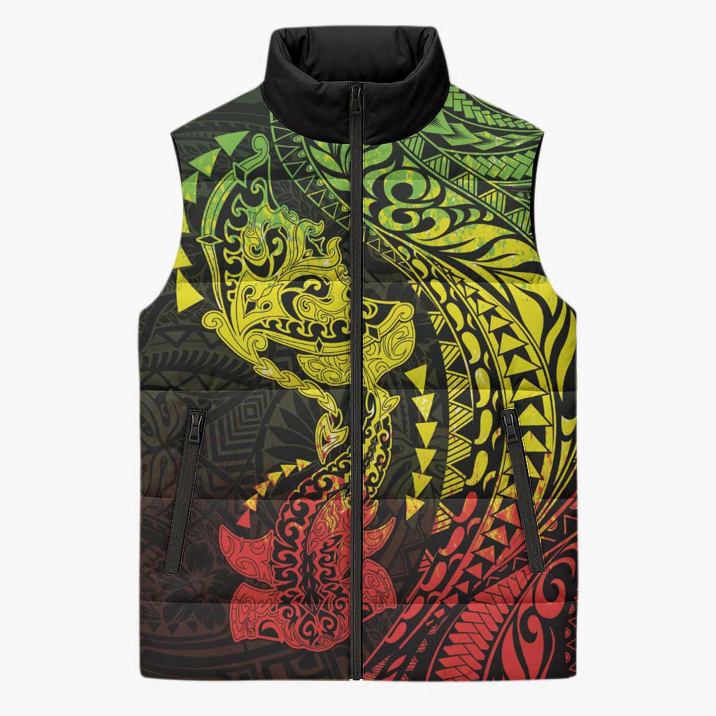 Hawaiian Manta Ray and Hammerhead Shark Tribal Tattoo Sleeveless Puffer Jacket with Polynesian Tribal Pattern Reggae Style