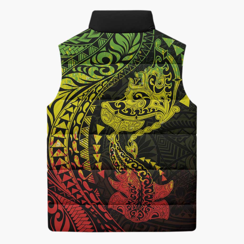 Hawaiian Manta Ray and Hammerhead Shark Tribal Tattoo Sleeveless Puffer Jacket with Polynesian Tribal Pattern Reggae Style