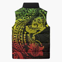 Hawaiian Manta Ray and Hammerhead Shark Tribal Tattoo Sleeveless Puffer Jacket with Polynesian Tribal Pattern Reggae Style