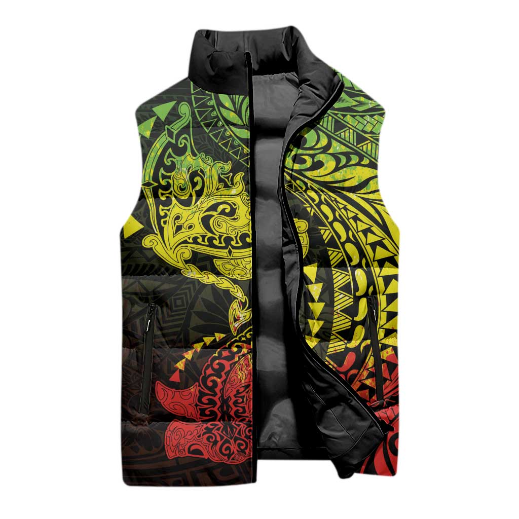 Hawaiian Manta Ray and Hammerhead Shark Tribal Tattoo Sleeveless Puffer Jacket with Polynesian Tribal Pattern Reggae Style