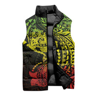 Hawaiian Manta Ray and Hammerhead Shark Tribal Tattoo Sleeveless Puffer Jacket with Polynesian Tribal Pattern Reggae Style