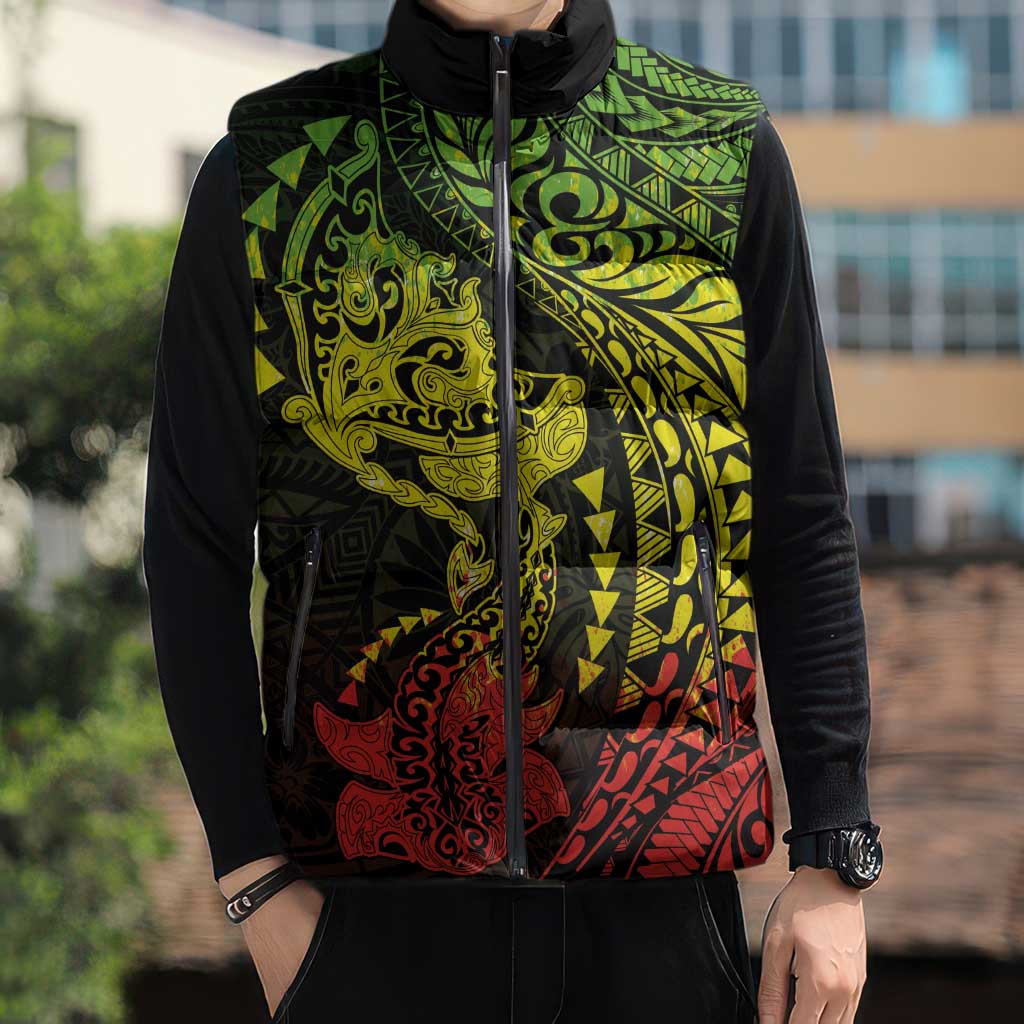 Hawaiian Manta Ray and Hammerhead Shark Tribal Tattoo Sleeveless Puffer Jacket with Polynesian Tribal Pattern Reggae Style