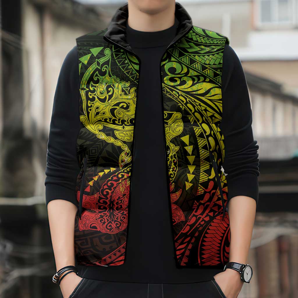 Hawaiian Manta Ray and Hammerhead Shark Tribal Tattoo Sleeveless Puffer Jacket with Polynesian Tribal Pattern Reggae Style
