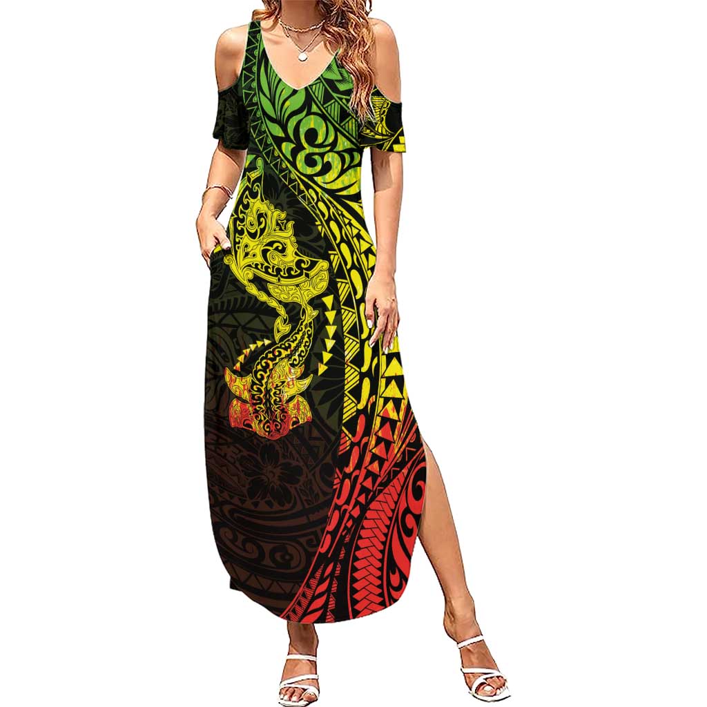 Hawaiian Manta Ray and Hammerhead Shark Tribal Tattoo Summer Maxi Dress with Polynesian Tribal Pattern Reggae Style LT03 Women Multicolor - Polynesian Pride