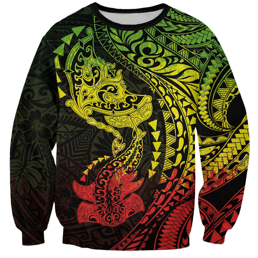 Hawaiian Manta Ray and Hammerhead Shark Tribal Tattoo Sweatshirt with Polynesian Tribal Pattern Reggae Style LT03 Unisex Multicolor - Polynesian Pride