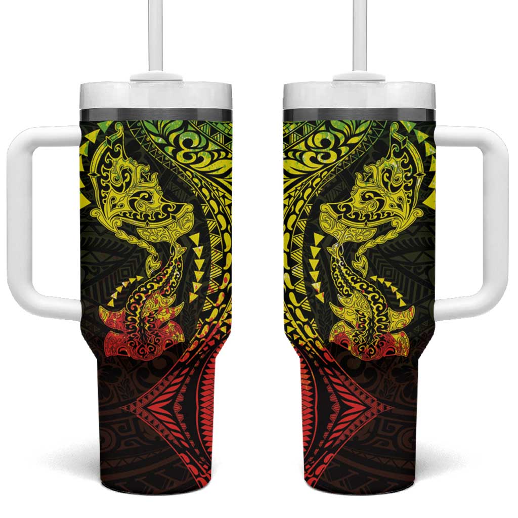 Hawaiian Manta Ray and Hammerhead Shark Tribal Tattoo Tumbler With Handle with Polynesian Tribal Pattern Reggae Style LT03 One Size: 40 oz Multicolor - Polynesian Pride