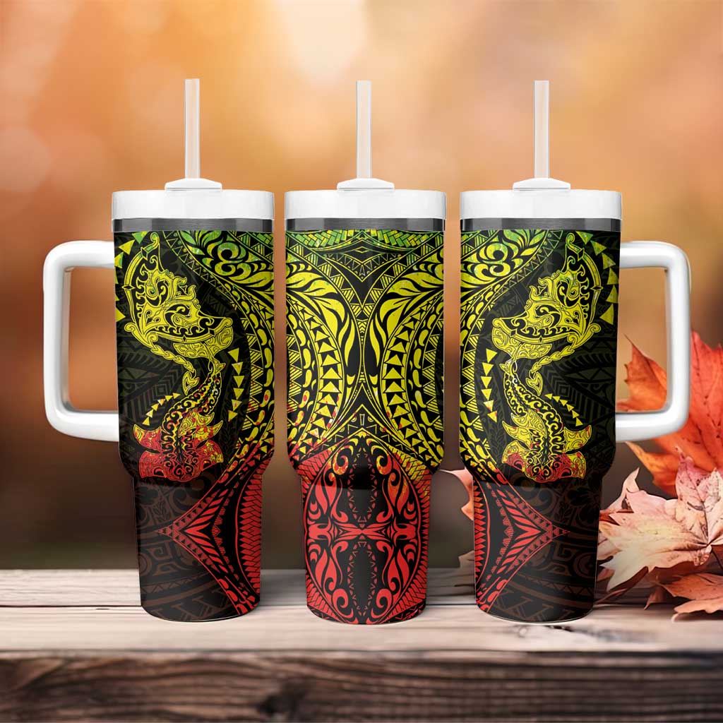 Hawaiian Manta Ray and Hammerhead Shark Tribal Tattoo Tumbler With Handle with Polynesian Tribal Pattern Reggae Style LT03 - Polynesian Pride