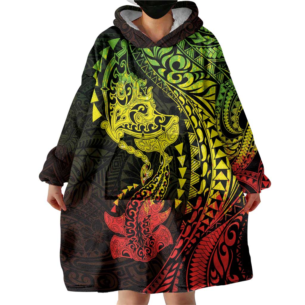 Hawaiian Manta Ray and Hammerhead Shark Tribal Tattoo Wearable Blanket Hoodie with Polynesian Tribal Pattern Reggae Style