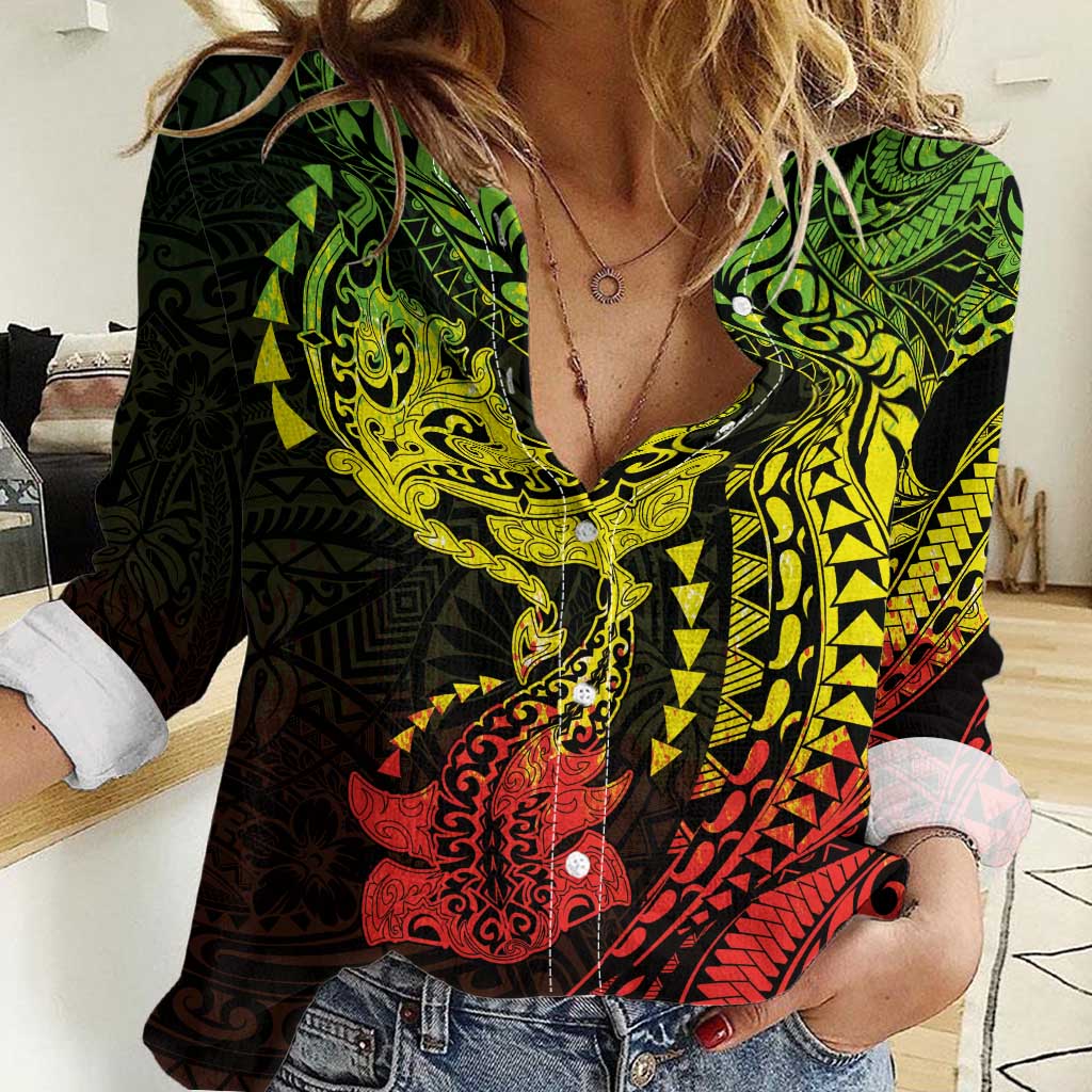 Hawaiian Manta Ray and Hammerhead Shark Tribal Tattoo Women Casual Shirt with Polynesian Tribal Pattern Reggae Style