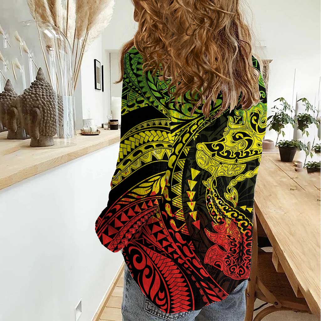 Hawaiian Manta Ray and Hammerhead Shark Tribal Tattoo Women Casual Shirt with Polynesian Tribal Pattern Reggae Style