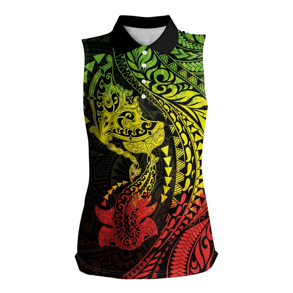 Hawaiian Manta Ray and Hammerhead Shark Tribal Tattoo Women Sleeveless Polo Shirt with Polynesian Tribal Pattern Reggae Style LT03 Female Multicolor - Polynesian Pride