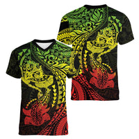 Hawaiian Manta Ray and Hammerhead Shark Tribal Tattoo Women V-Neck T-Shirt with Polynesian Tribal Pattern Reggae Style