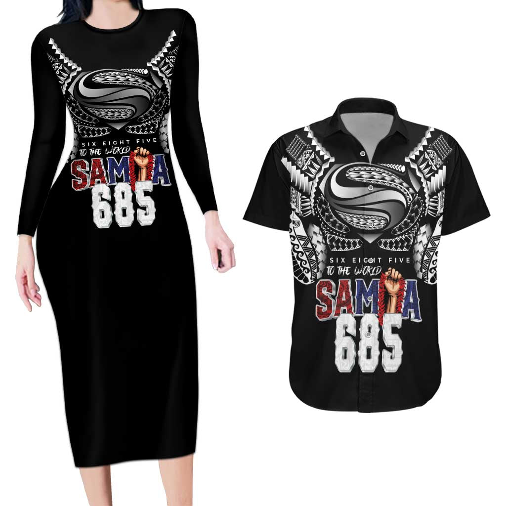 Super Samoa-Six Eight Five to The World Couples Matching Long Sleeve Bodycon Dress and Hawaiian Shirt Traditional Samoan Tattoo Black Color