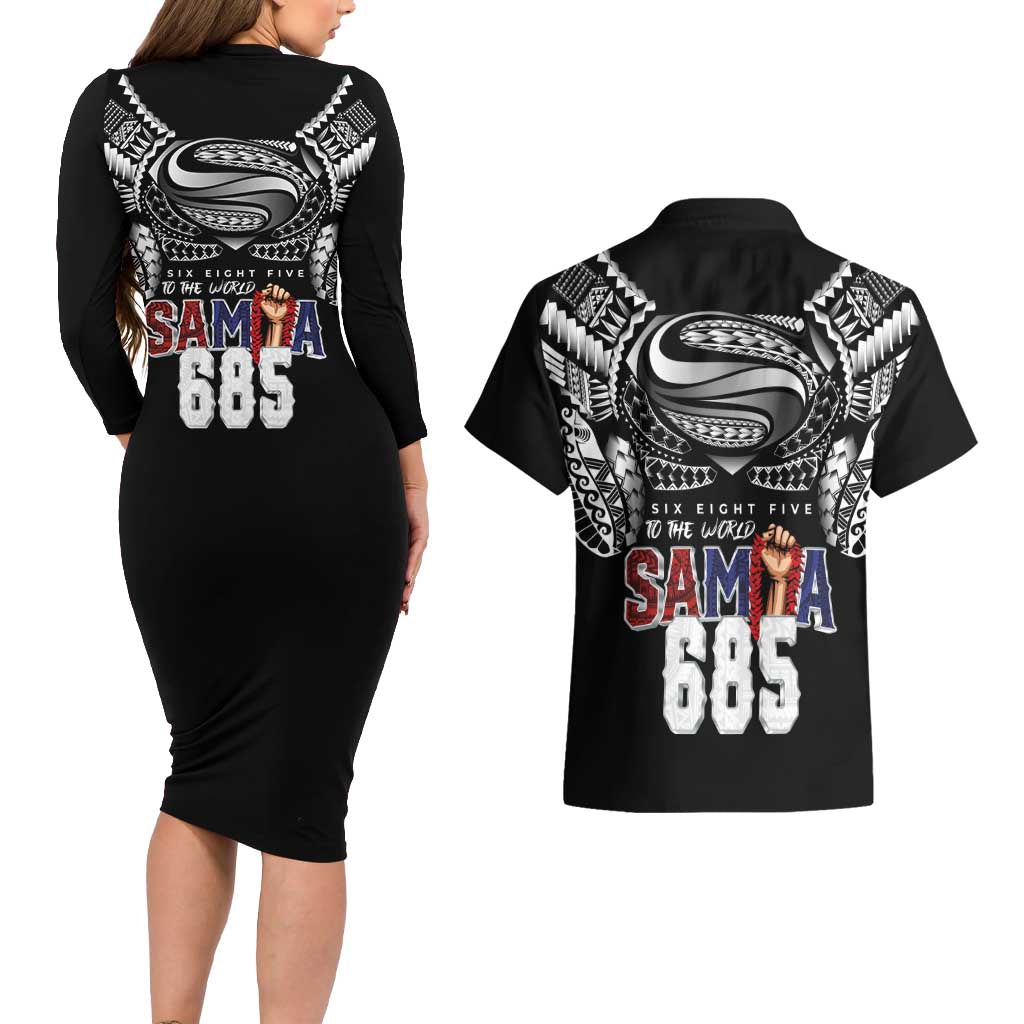 Super Samoa-Six Eight Five to The World Couples Matching Long Sleeve Bodycon Dress and Hawaiian Shirt Traditional Samoan Tattoo Black Color